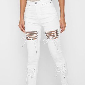 NEW w/ TAG - LACE UP CUT OUT SKINNY JEANS - WHITE